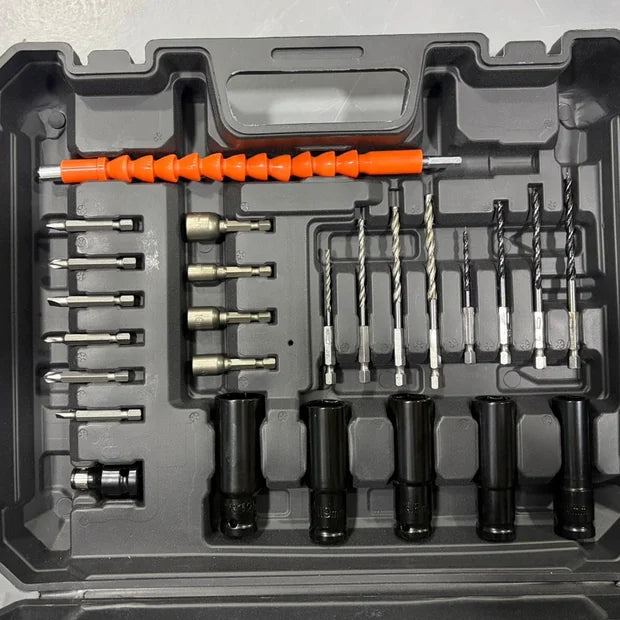 5 copas, extensión flexible, puntas, brocas y adaptador de mandril